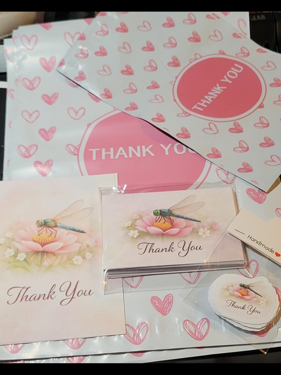 Handmade Other - Pink Dragonfly Thank You Cards Set - Floral Design